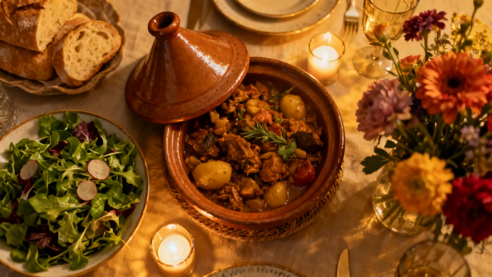 Table dress&eacute;e avec des plats du monde